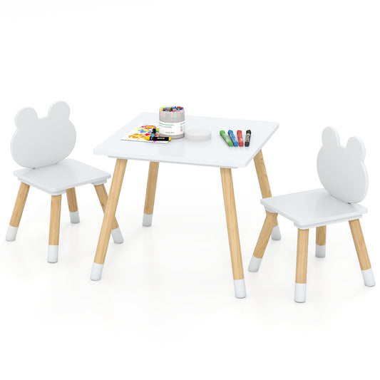 Kids Wooden Table And Chair Set, 3 Pieces, Froggy Design, White