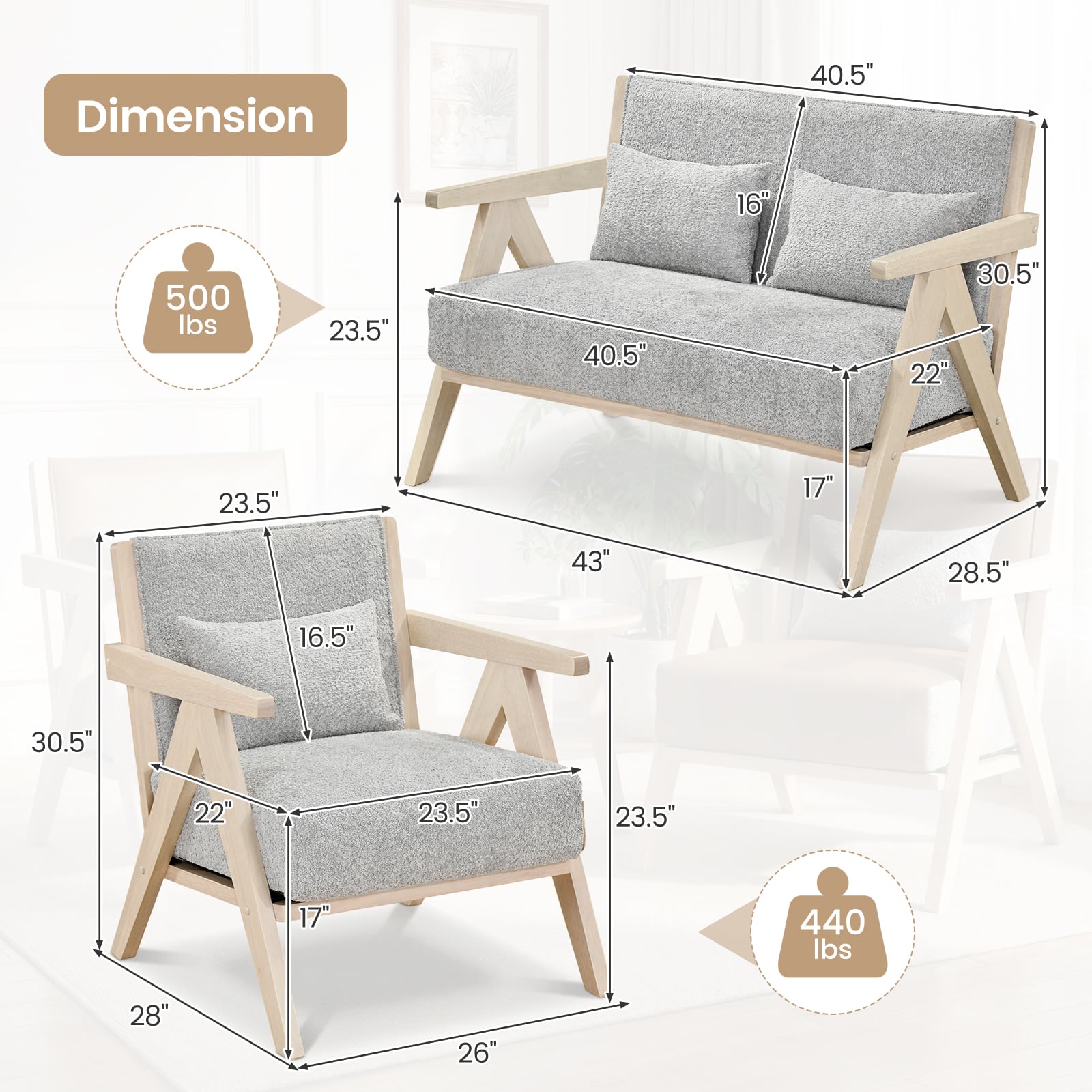 3-Piece Living Room Set, Rubber Wood Frame, Gray Sofas & Loveseats at Gallery Canada