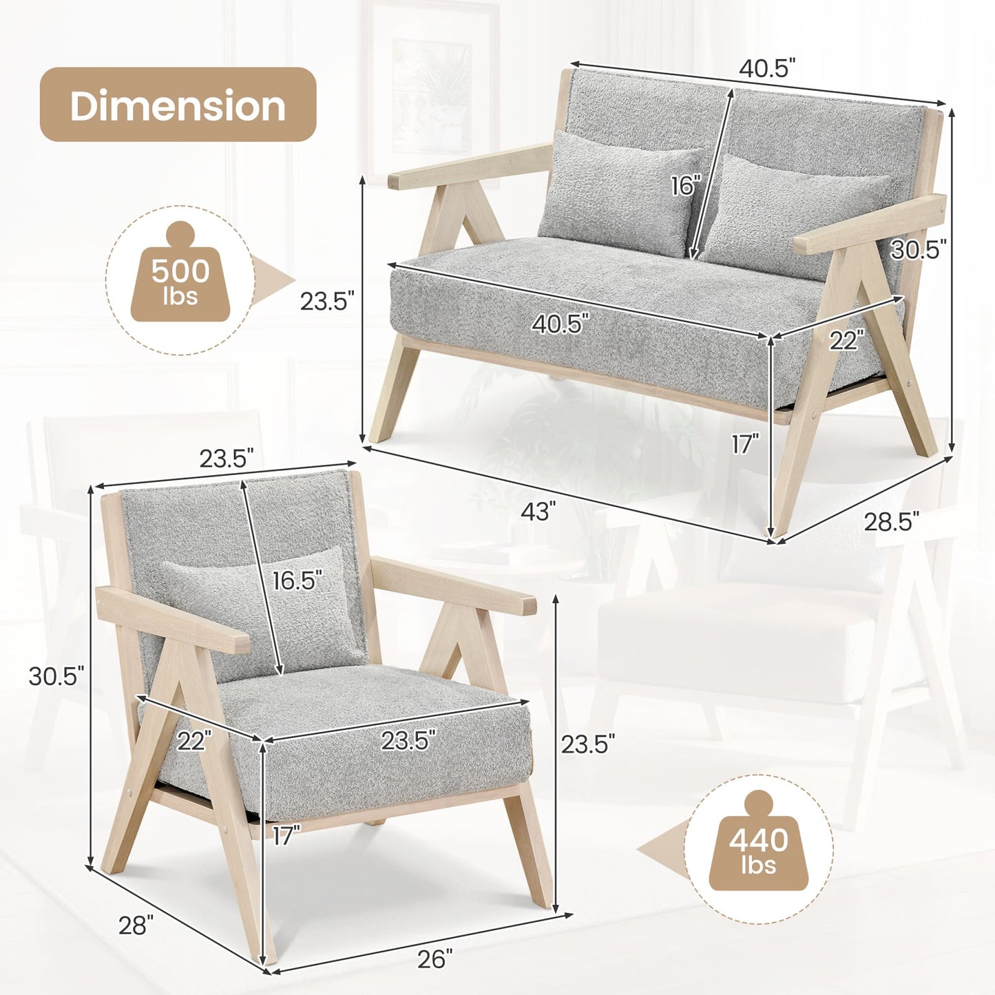 3-Piece Living Room Set, Rubber Wood Frame, Gray Sofas & Loveseats at Gallery Canada