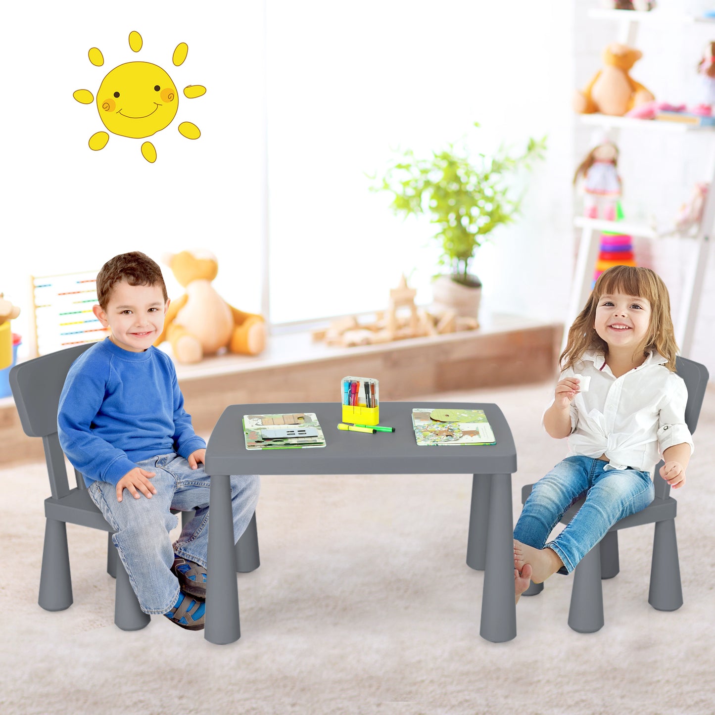 3 Pieces Multifunction Activity Kids Play Table and Chair Set, Gray Kids Table & Chair Sets at Gallery Canada
