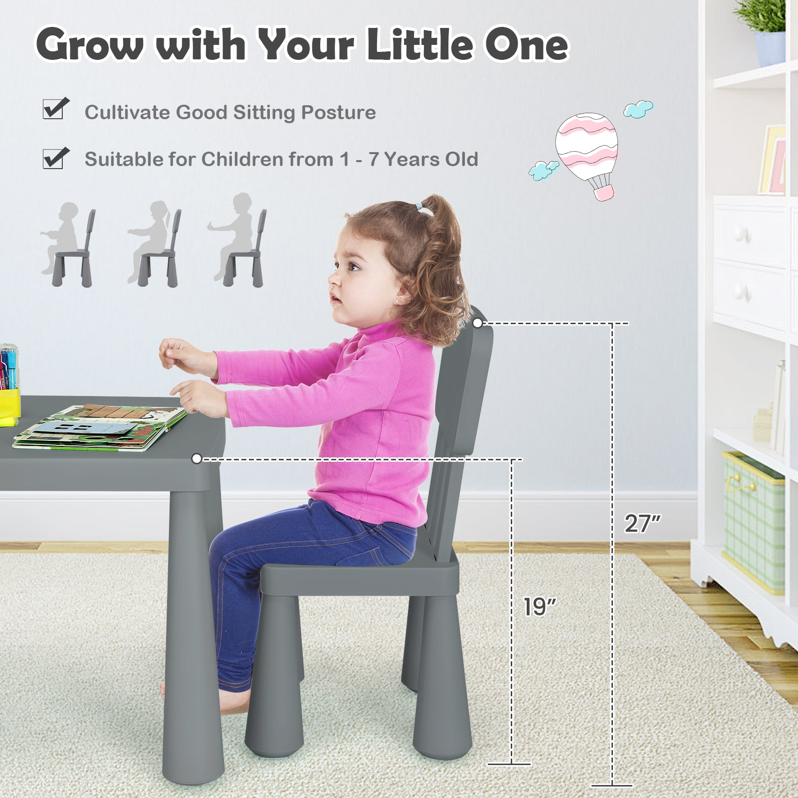 3 Pieces Multifunction Activity Kids Play Table and Chair Set, Gray Kids Table & Chair Sets at Gallery Canada
