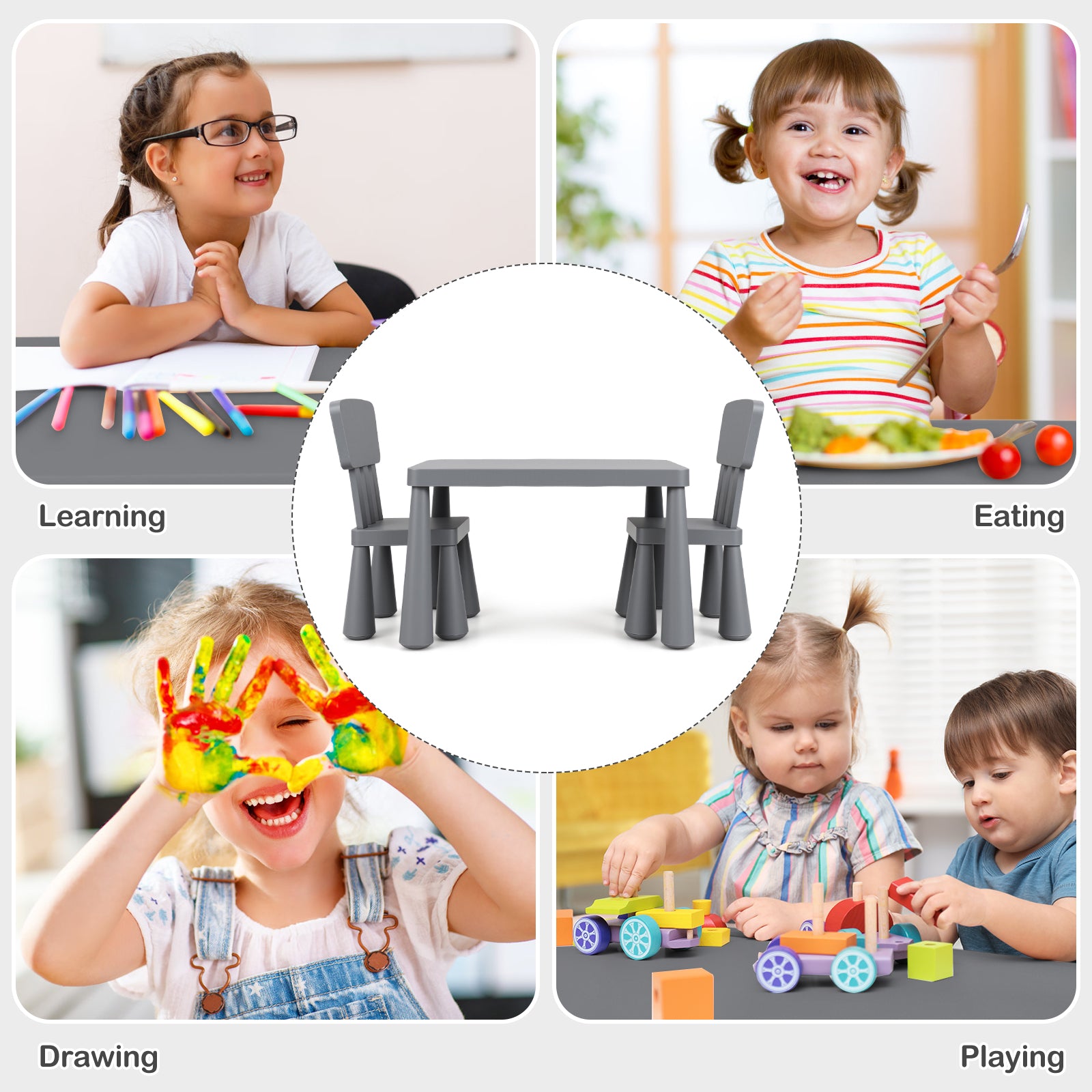 3 Pieces Multifunction Activity Kids Play Table and Chair Set, Gray Kids Table & Chair Sets at Gallery Canada