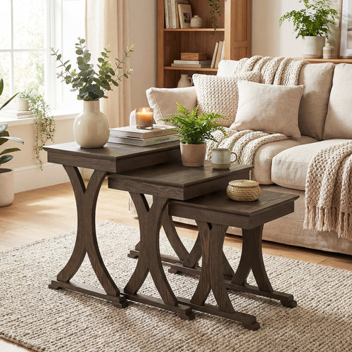 3 Pieces Nesting Coffee Table Side Table with Solid Rubber Wood Legs, Brown