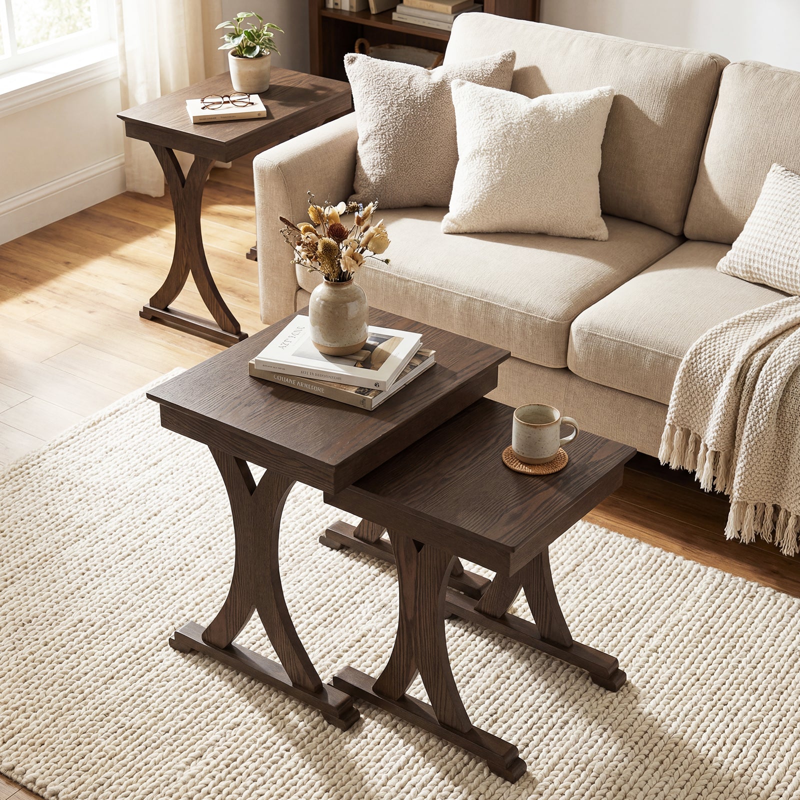 3 Pieces Nesting Coffee Table Side Table with Solid Rubber Wood Legs, Brown End & Side Tables at Gallery Canada