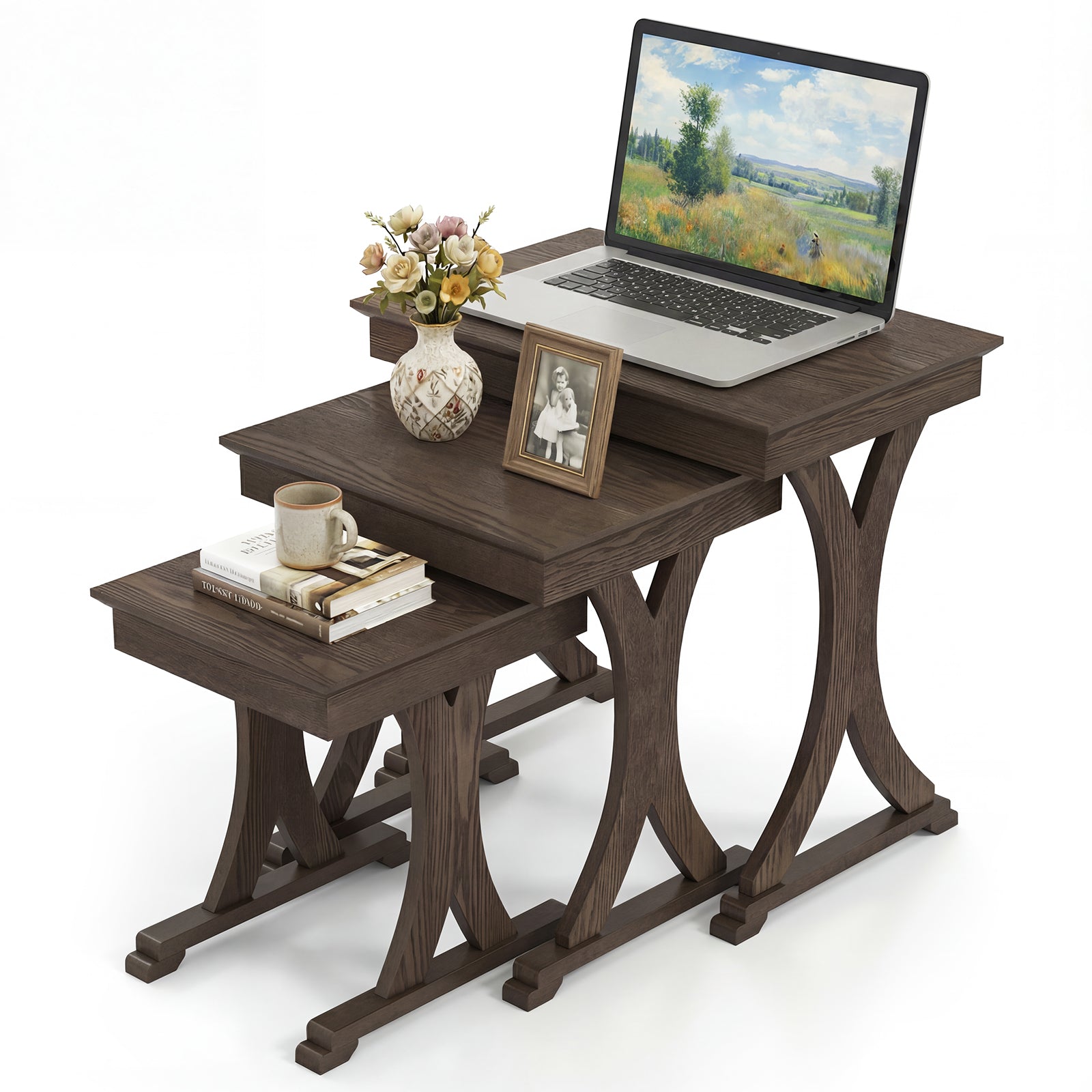 3 Pieces Nesting Coffee Table Side Table with Solid Rubber Wood Legs, Brown End & Side Tables Brown at Gallery Canada