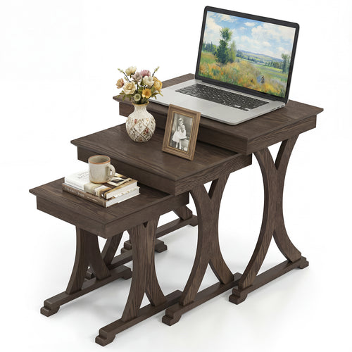 3 Pieces Nesting Coffee Table Side Table with Solid Rubber Wood Legs, Brown