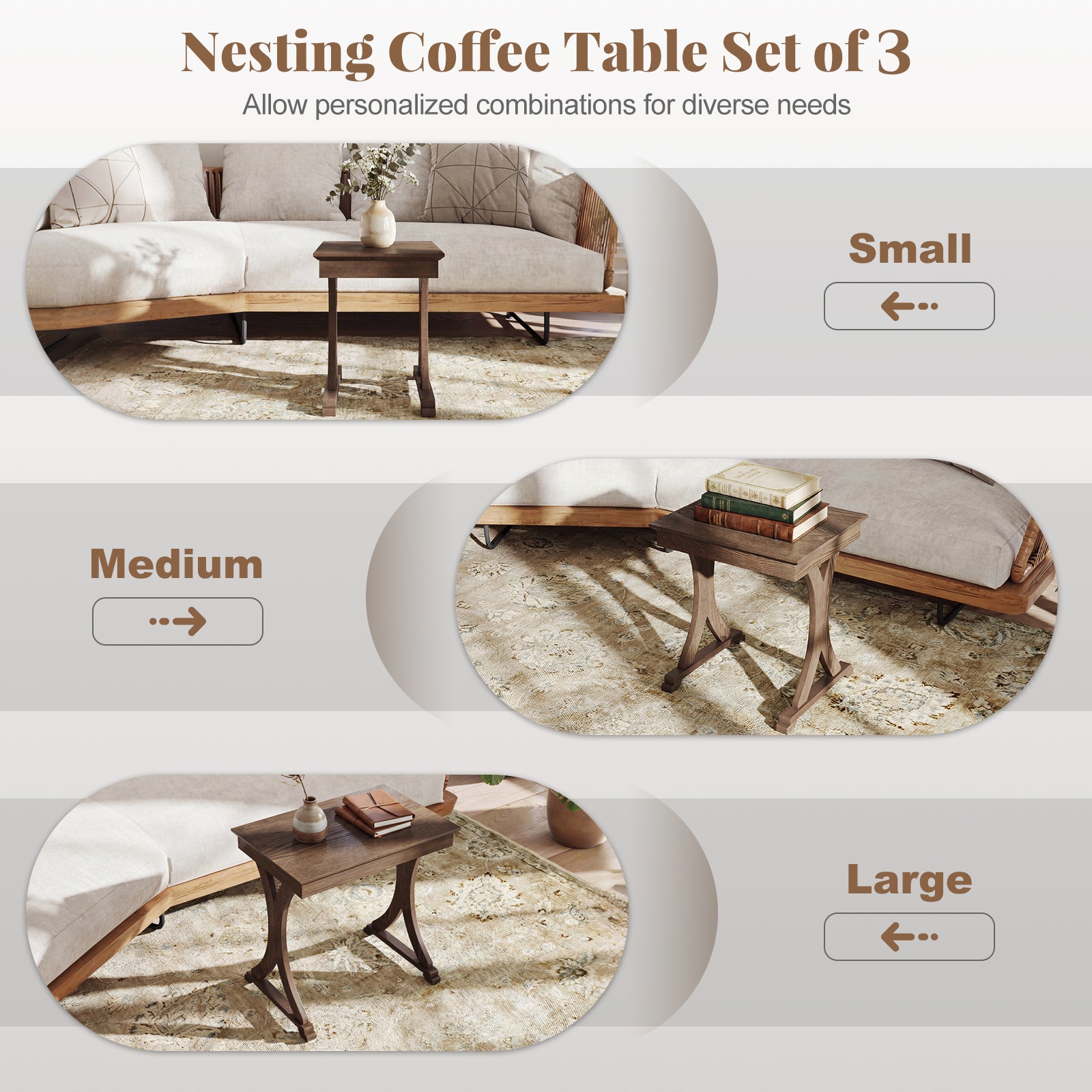 3 Pieces Nesting Coffee Table Side Table with Solid Rubber Wood Legs, Brown End & Side Tables at Gallery Canada