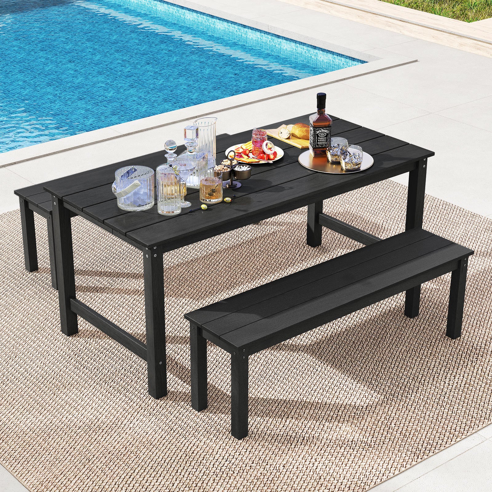 3 Pieces Outdoor Dining Table Set with 2 Benches, Black Patio Dining Sets at Gallery Canada