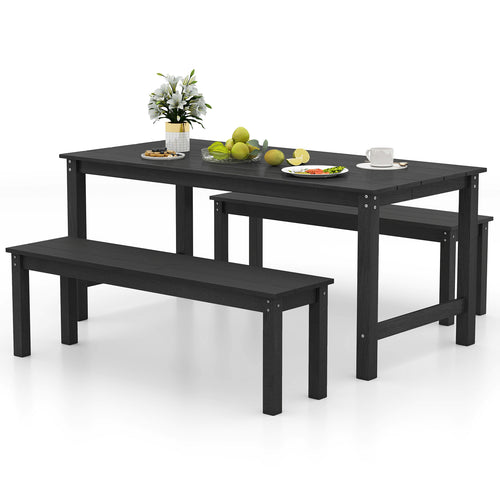 3 Pieces Outdoor Dining Table Set with 2 Benches, Black
