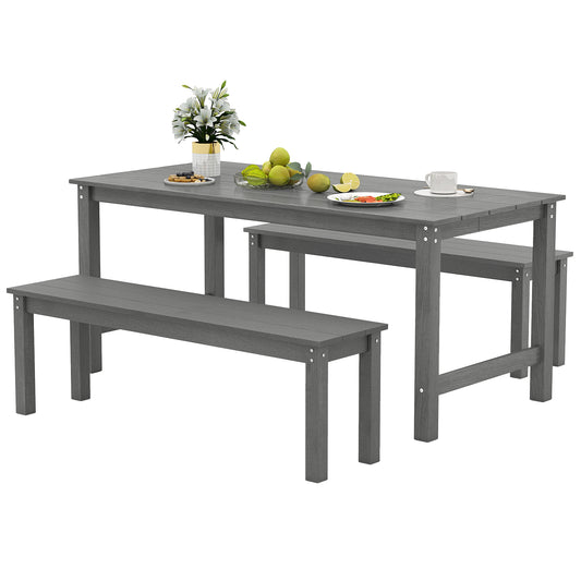 Outdoor Dining Table Set, 3 Pieces, 2 Benches, Gray