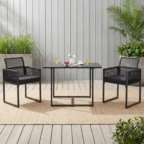 3 Piece Outdoor Dining Set, Folding Backrest, Seat Cushion, Black