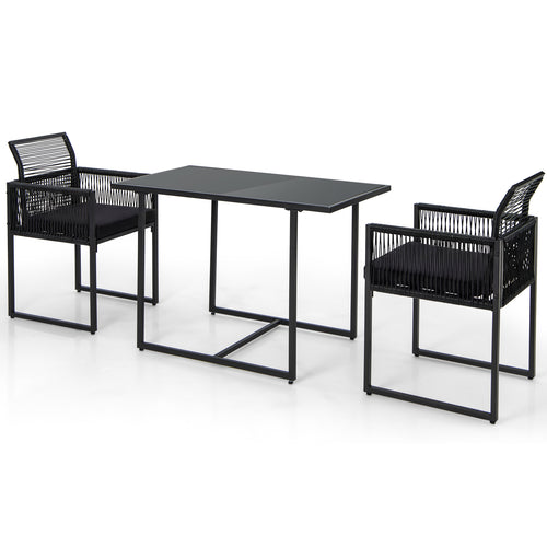 3 Piece Outdoor Dining Set, Folding Backrest, Seat Cushion, Black
