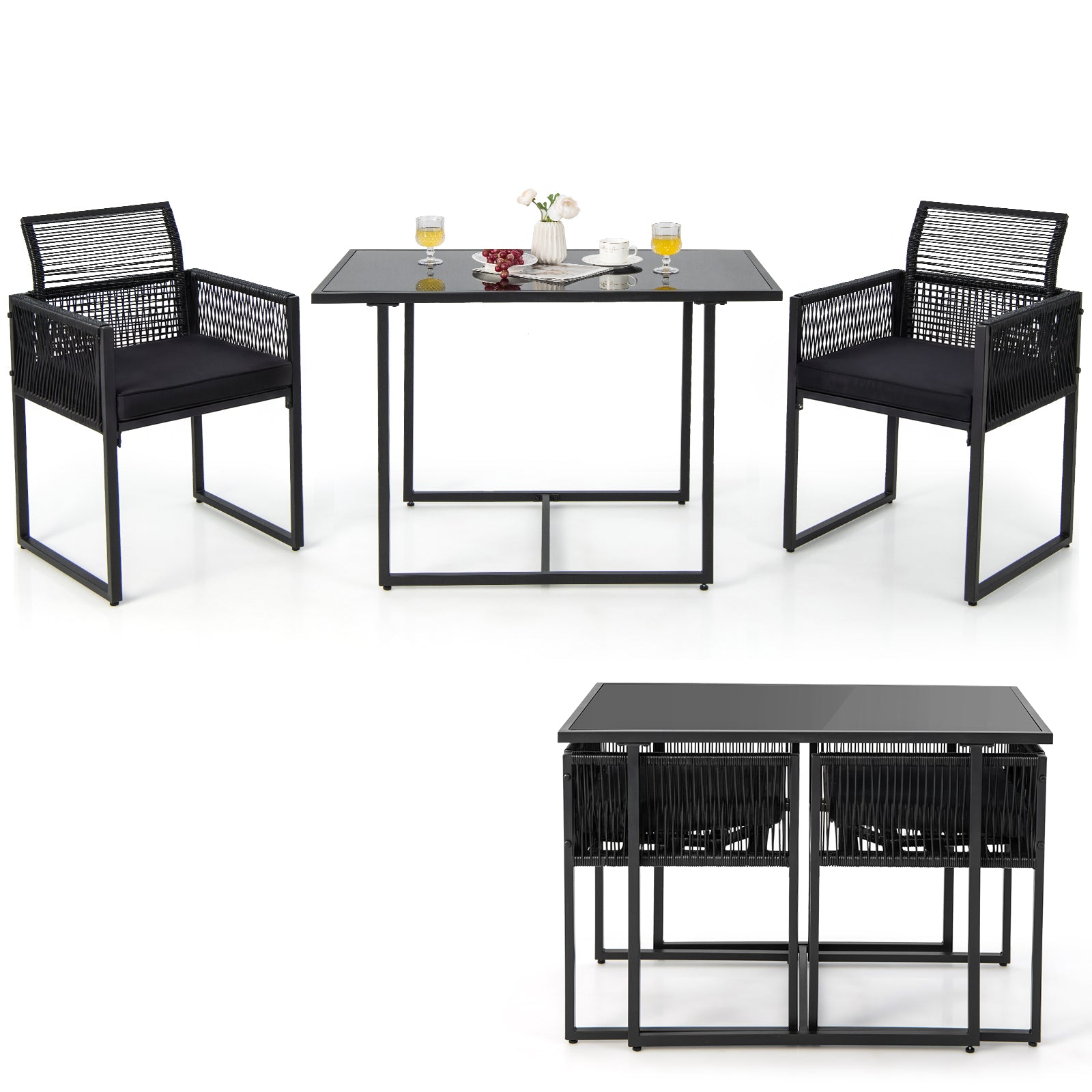 3 Piece Outdoor Dining Set, Folding Backrest, Seat Cushion, Black Patio Dining Sets at Gallery Canada
