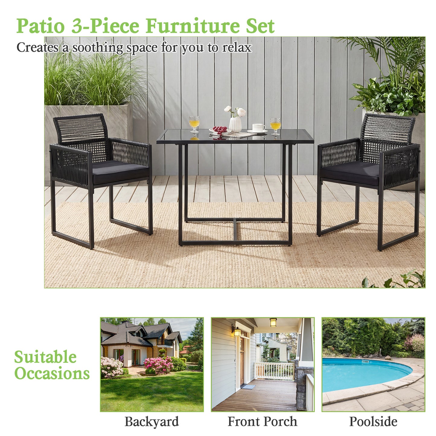 3 Piece Outdoor Dining Set, Folding Backrest, Seat Cushion, Black Patio Dining Sets at Gallery Canada