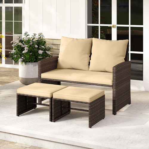 3 Piece Outdoor Patio PE Wicker Furniture Set, With Cushions, Beige