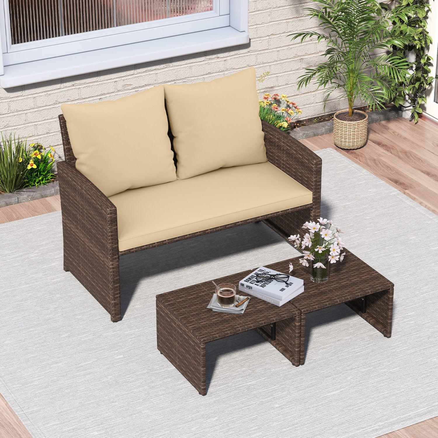 3 Piece Outdoor Patio PE Wicker Furniture Set, With Cushions, Beige Patio Conversation Sets at Gallery Canada
