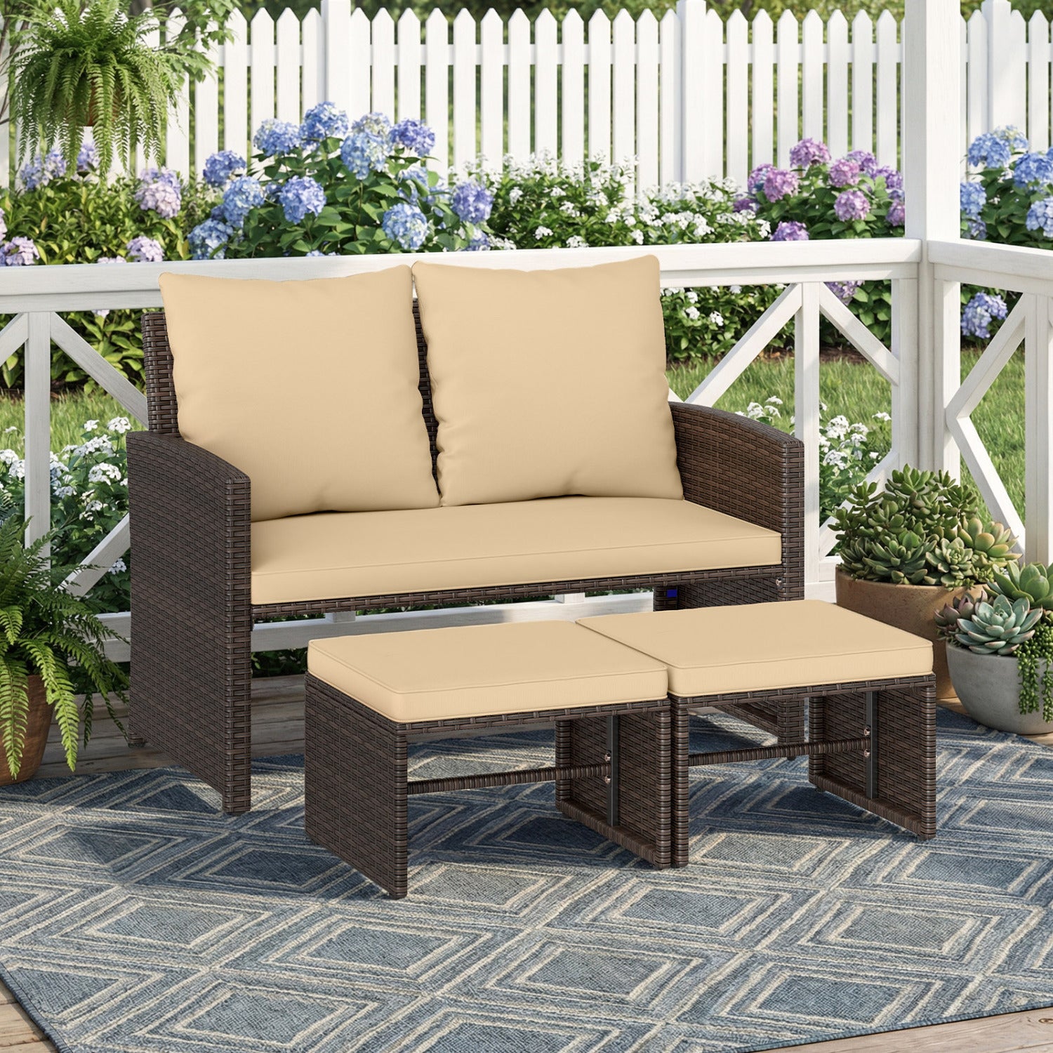 3 Piece Outdoor Patio PE Wicker Furniture Set, With Cushions, Beige Patio Conversation Sets at Gallery Canada