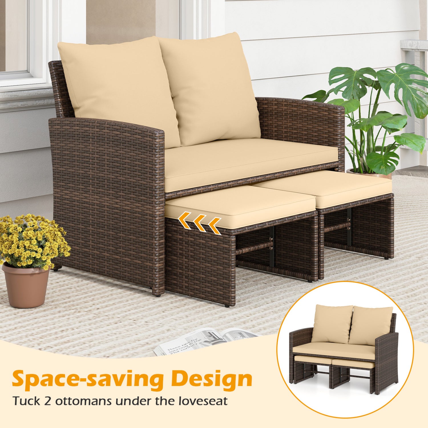 3 Piece Outdoor Patio PE Wicker Furniture Set, With Cushions, Beige Patio Conversation Sets at Gallery Canada