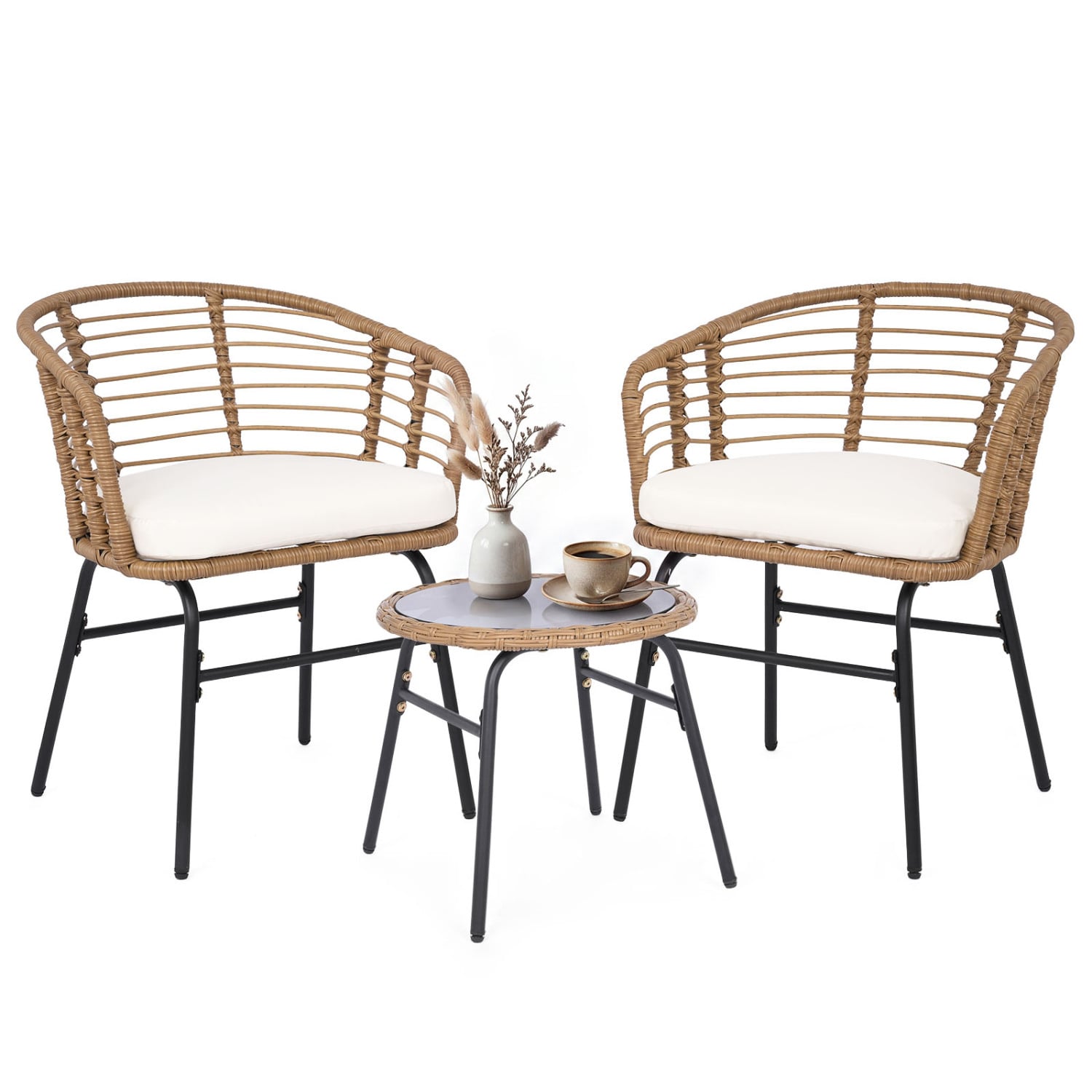 3 Pieces Outdoor Patio Furniture Set with Soft Cushions, White Patio Conversation Sets at Gallery Canada