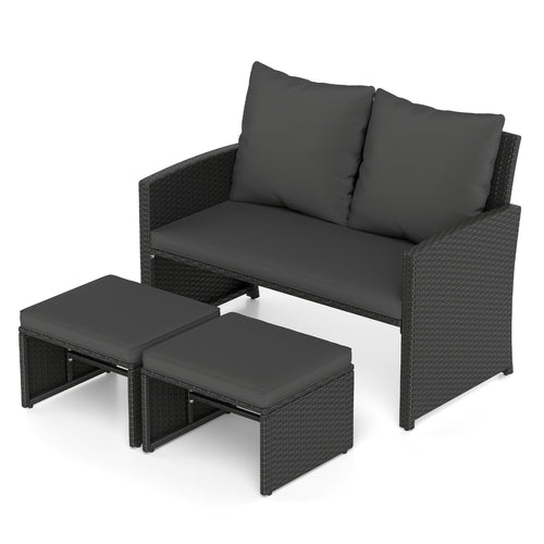 3-Piece Outdoor PE Wicker Patio Set With Cushions, Black