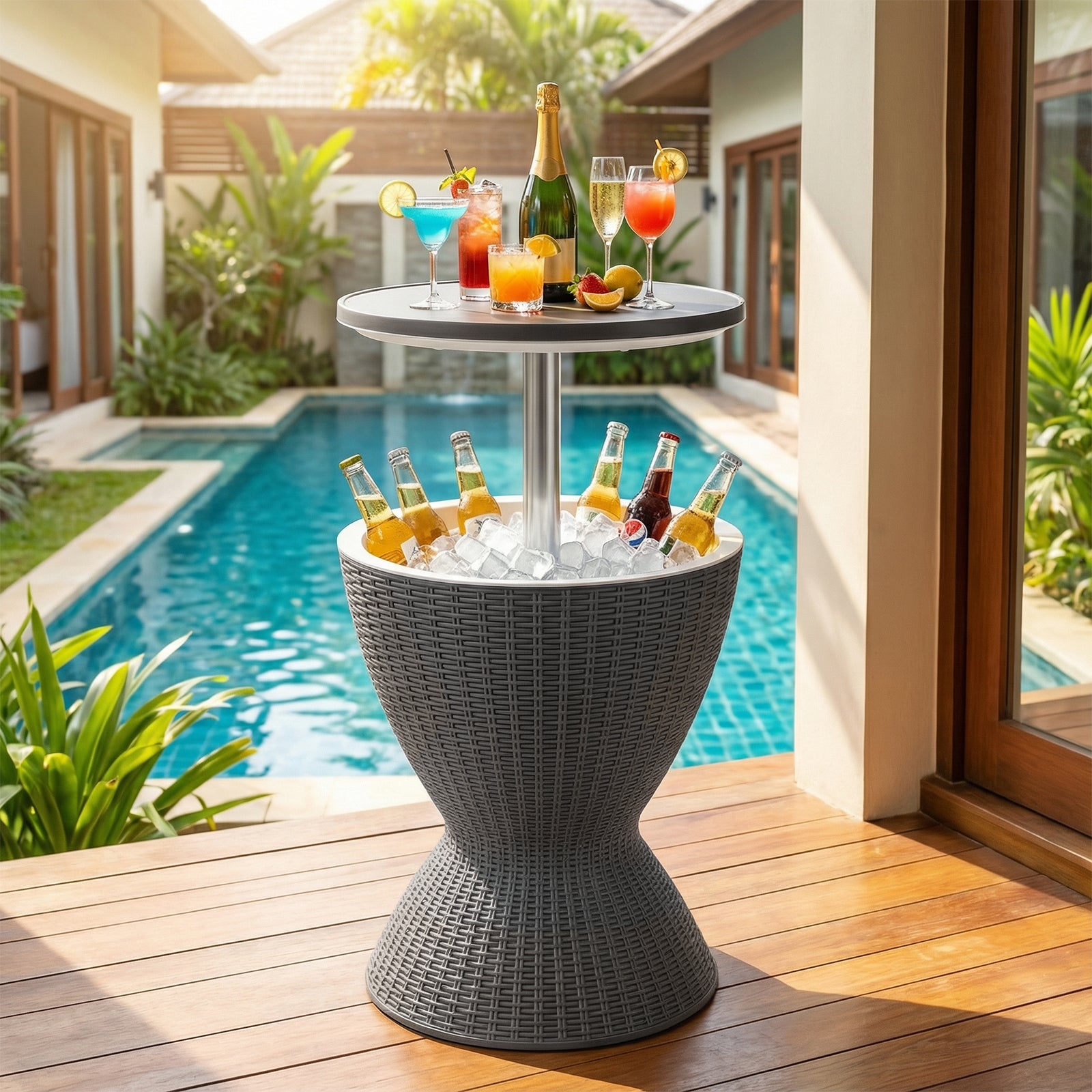 3 Pieces Outdoor Rattan Bar Table with Extendable Tabletop, Gray Patio Bar Furniture at Gallery Canada