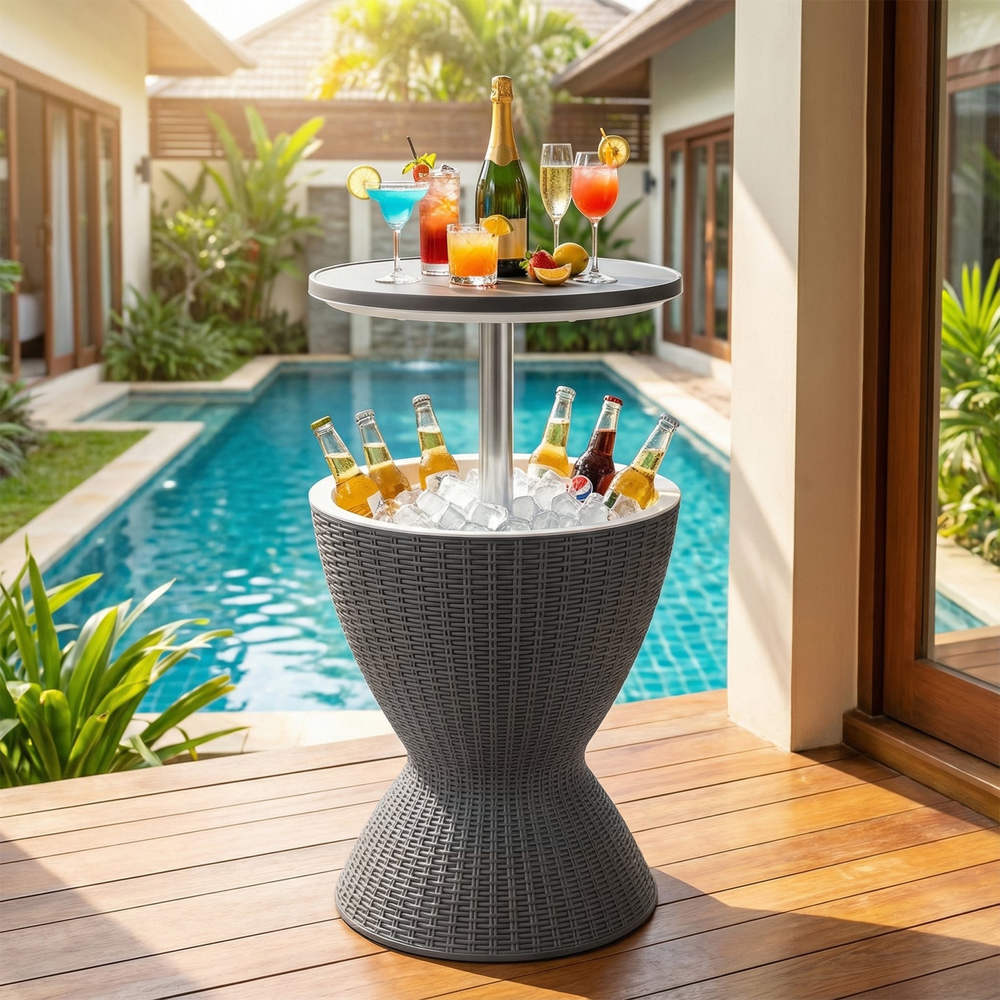 3 Pieces Outdoor Rattan Bar Table with Extendable Tabletop, Gray Patio Bar Furniture at Gallery Canada