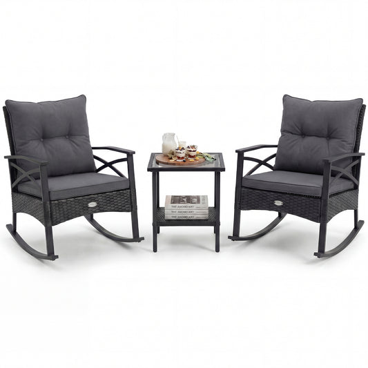 3-Piece Rattan Rocking Chair Set With 2-Tier Side Table, Black Patio Conversation Sets Black at Gallery Canada