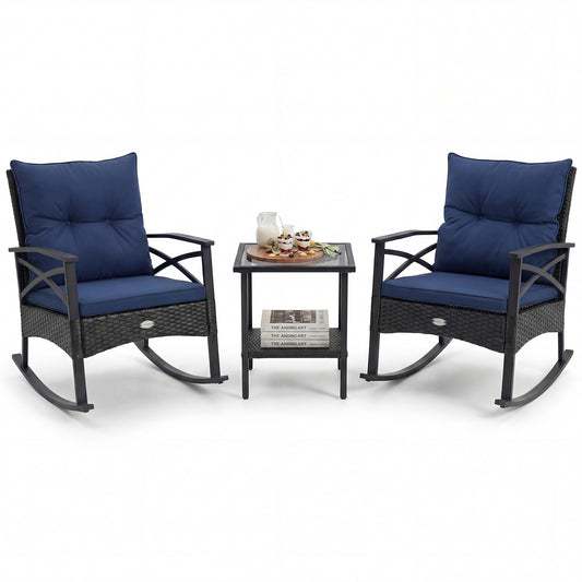 Outdoor Rattan Rocking Chairs Set, 3 Pieces, 2-Tier Side Table, Navy Patio Conversation Sets Navy at Gallery Canada