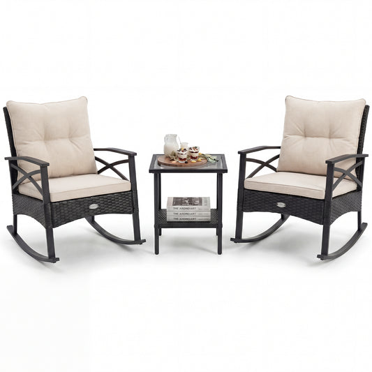 Outdoor Rattan Rocking Chairs Set, 2-Tier Side Table, White Patio Conversation Sets White at Gallery Canada