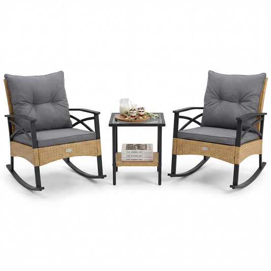 3-Piece Outdoor Rattan Rocking Chairs Set With 2-Tier Side Table, Gray Patio Conversation Sets Gray at Gallery Canada