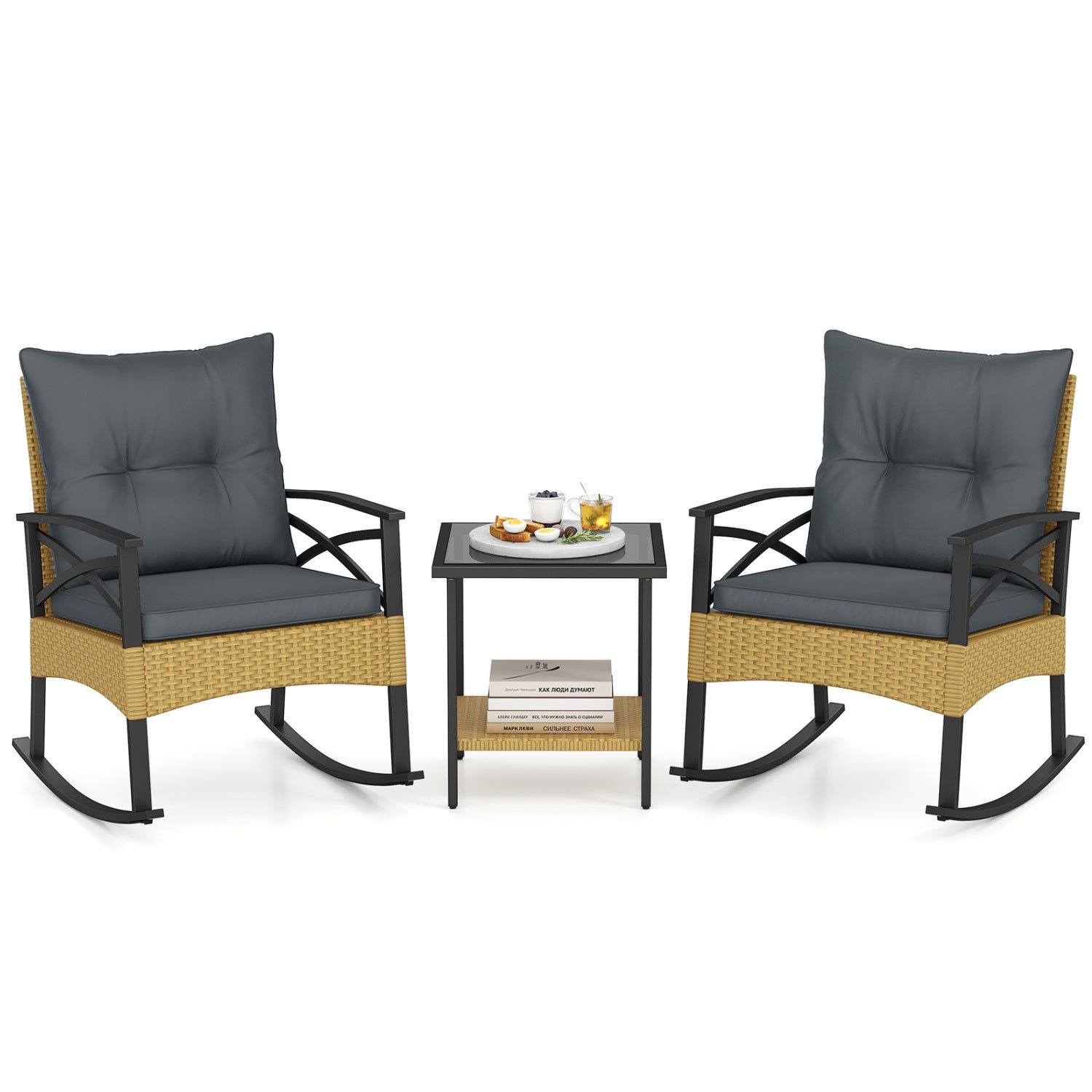 3-Piece Outdoor Rattan Rocking Chairs Set With 2-Tier Side Table, Gray Patio Conversation Sets at Gallery Canada