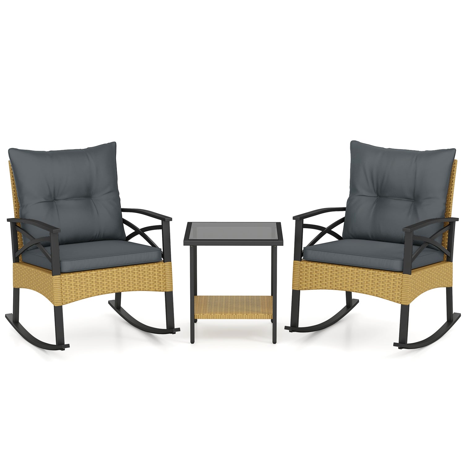 3-Piece Outdoor Rattan Rocking Chairs Set With 2-Tier Side Table, Gray Patio Conversation Sets Gray at Gallery Canada