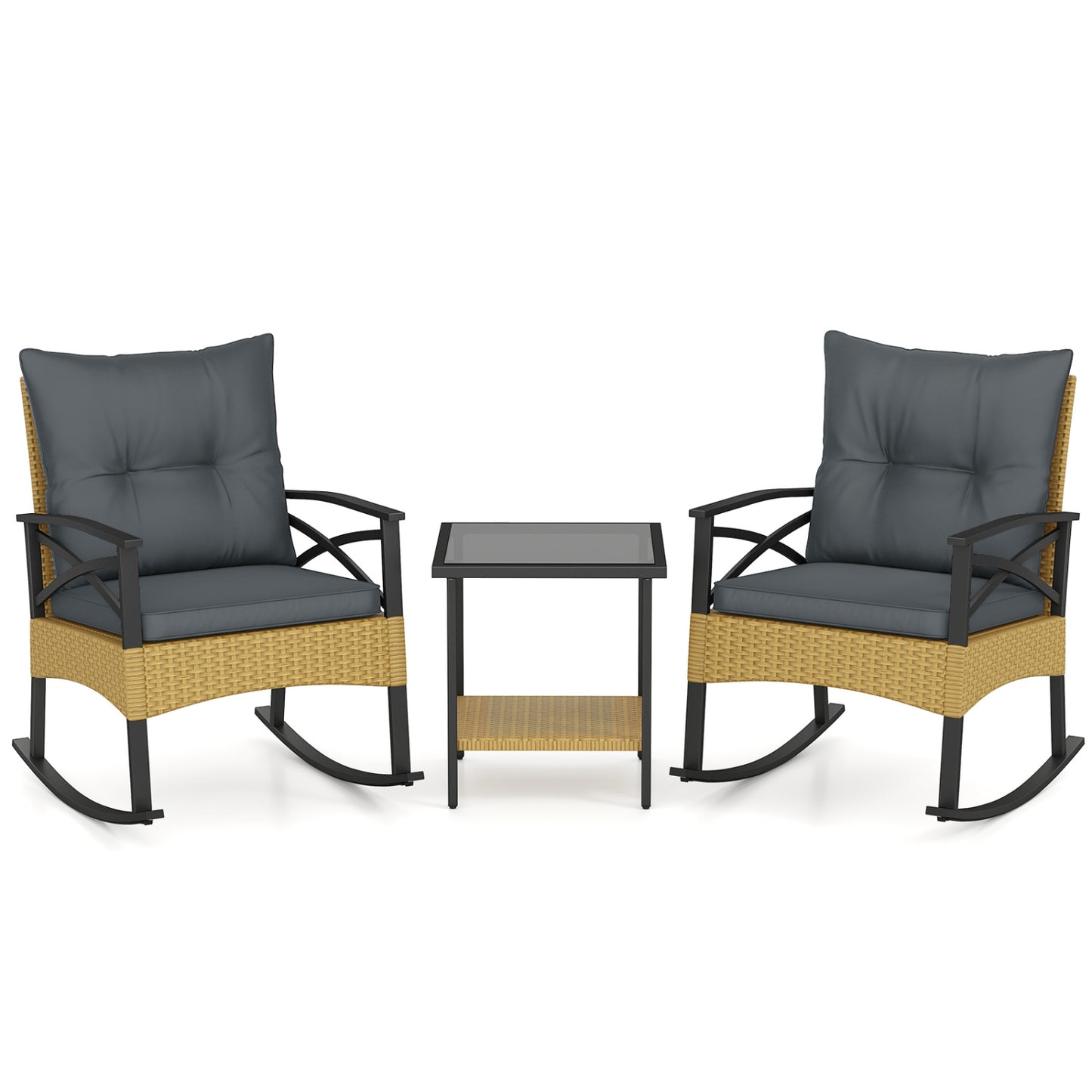 3-Piece Outdoor Rattan Rocking Chairs Set With 2-Tier Side Table, Gray Patio Conversation Sets Gray at Gallery Canada