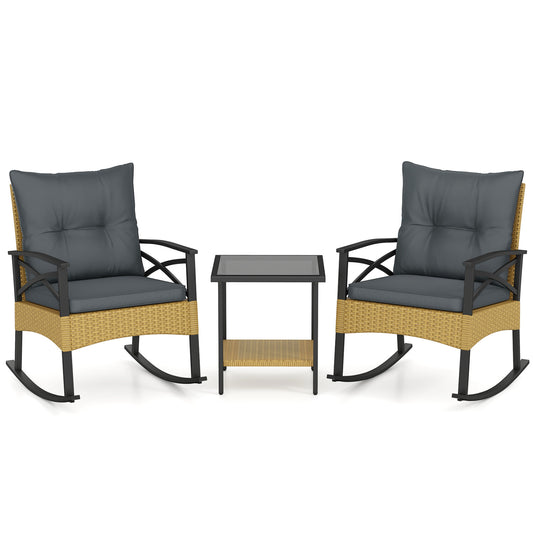 3-Piece Outdoor Rattan Rocking Chairs Set With 2-Tier Side Table, Gray Patio Conversation Sets Gray at Gallery Canada