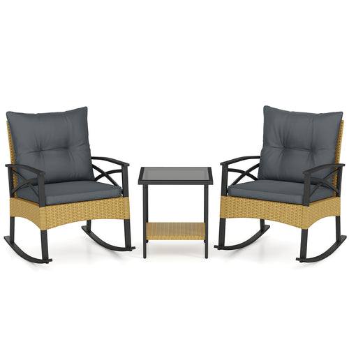 3-Piece Outdoor Rattan Rocking Chairs Set With 2-Tier Side Table, Gray