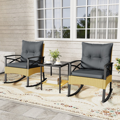 3-Piece Outdoor Rattan Rocking Chairs Set With 2-Tier Side Table, Gray