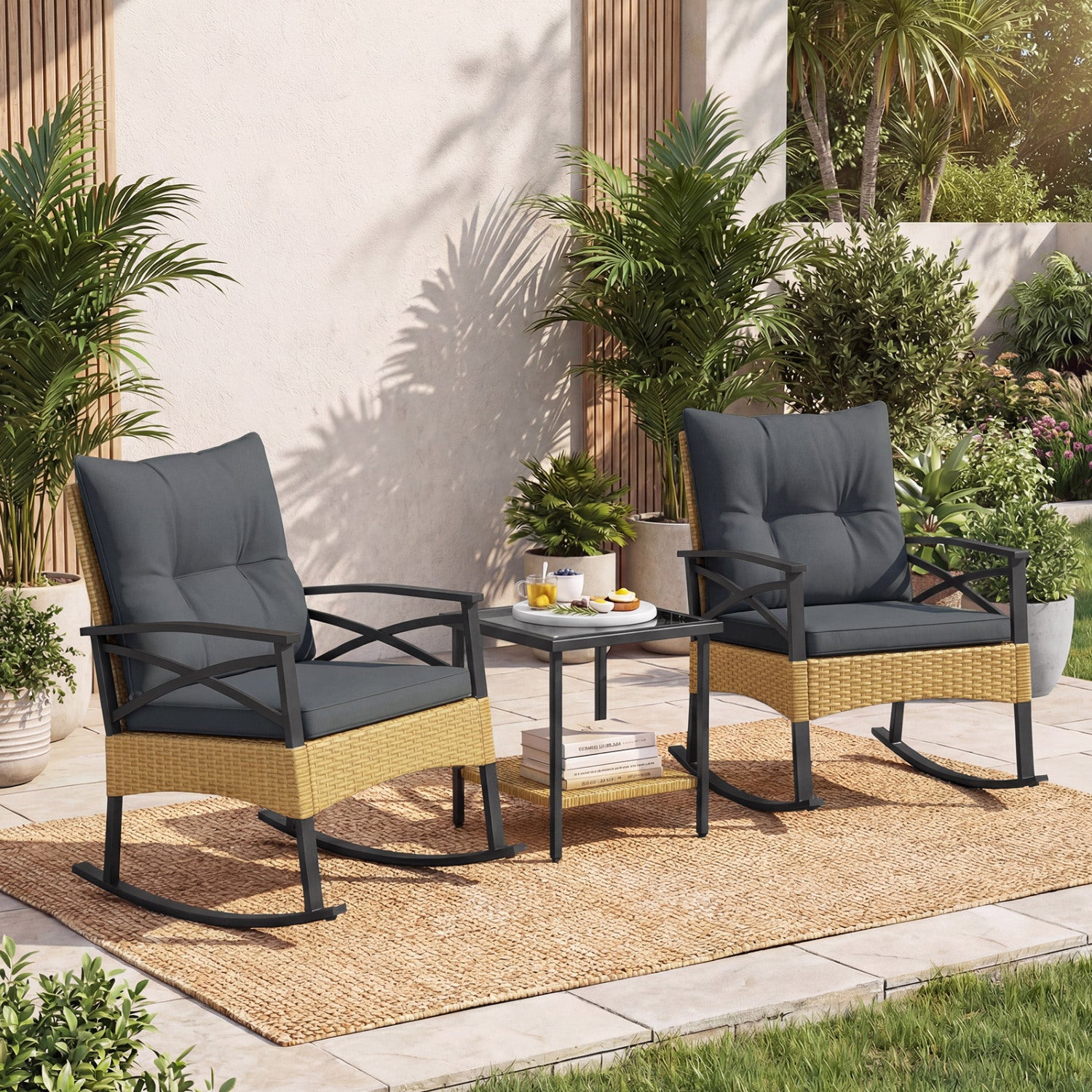 3-Piece Outdoor Rattan Rocking Chairs Set With 2-Tier Side Table, Gray Patio Conversation Sets at Gallery Canada