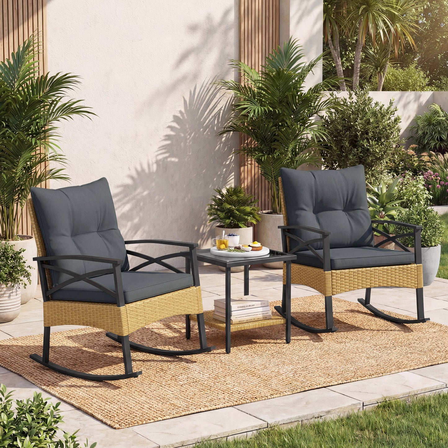 3-Piece Outdoor Rattan Rocking Chairs Set With 2-Tier Side Table, Gray Patio Conversation Sets at Gallery Canada