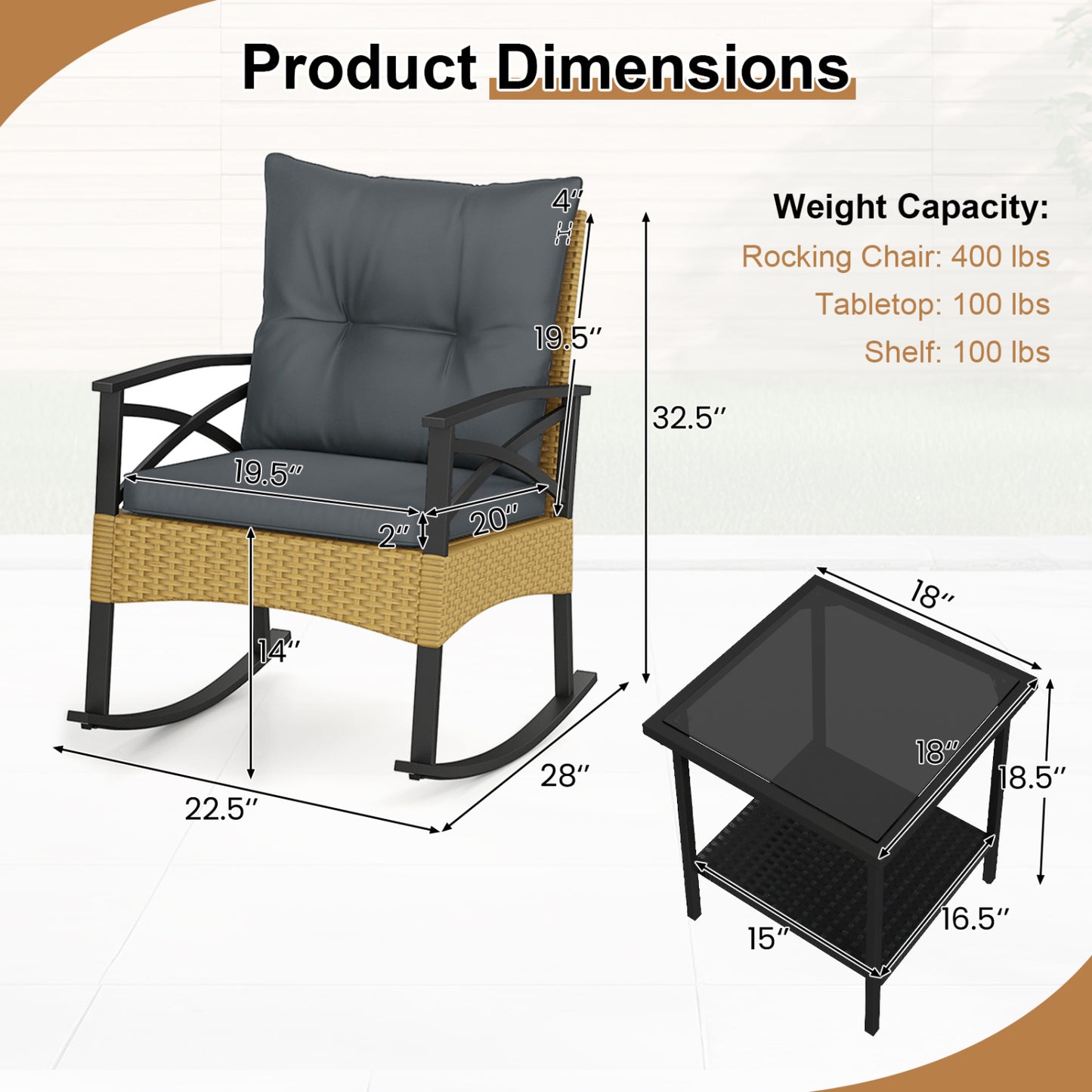 3-Piece Outdoor Rattan Rocking Chairs Set With 2-Tier Side Table, Gray Patio Conversation Sets at Gallery Canada