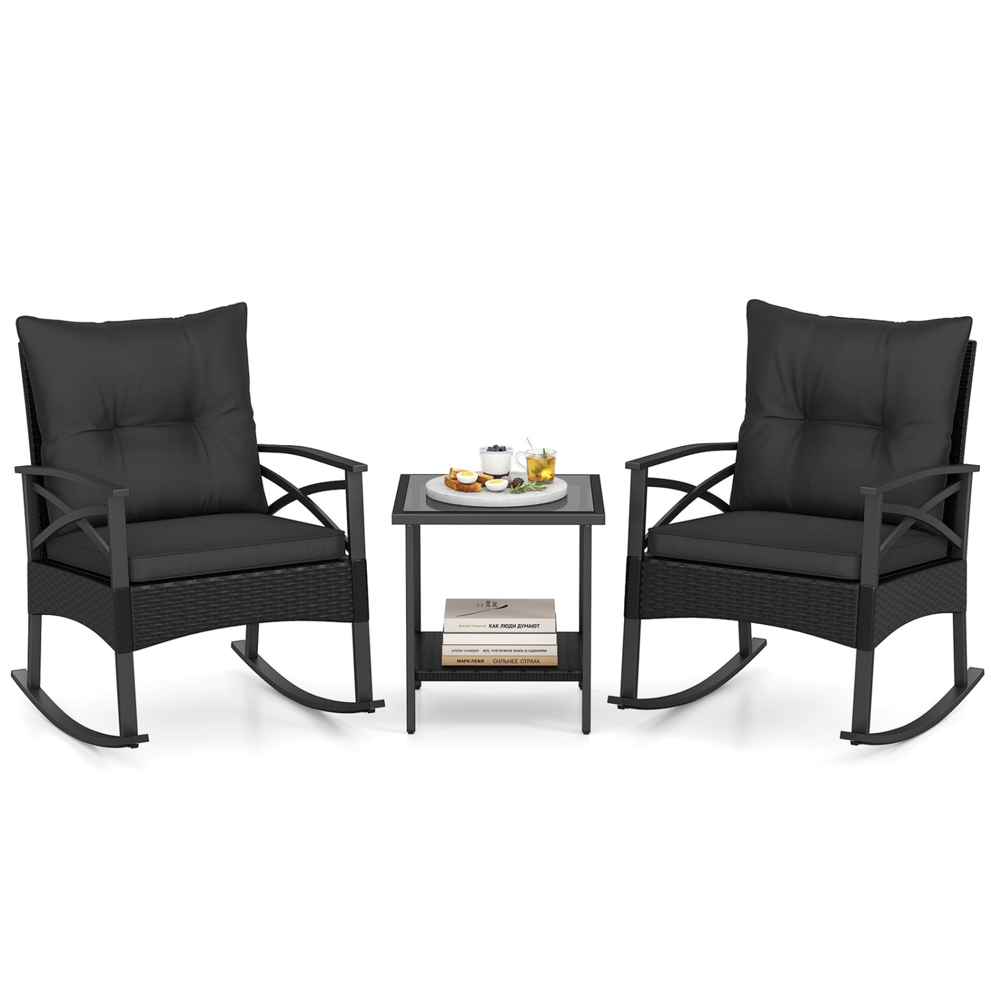 3-Piece Rattan Rocking Chair Set With 2-Tier Side Table, Black Patio Conversation Sets Black at Gallery Canada