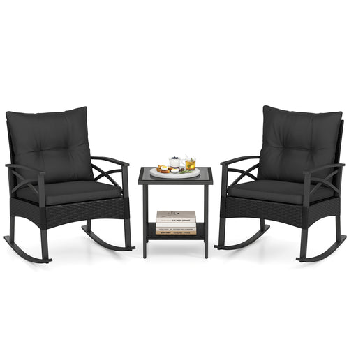 3-Piece Rattan Rocking Chair Set With 2-Tier Side Table, Black