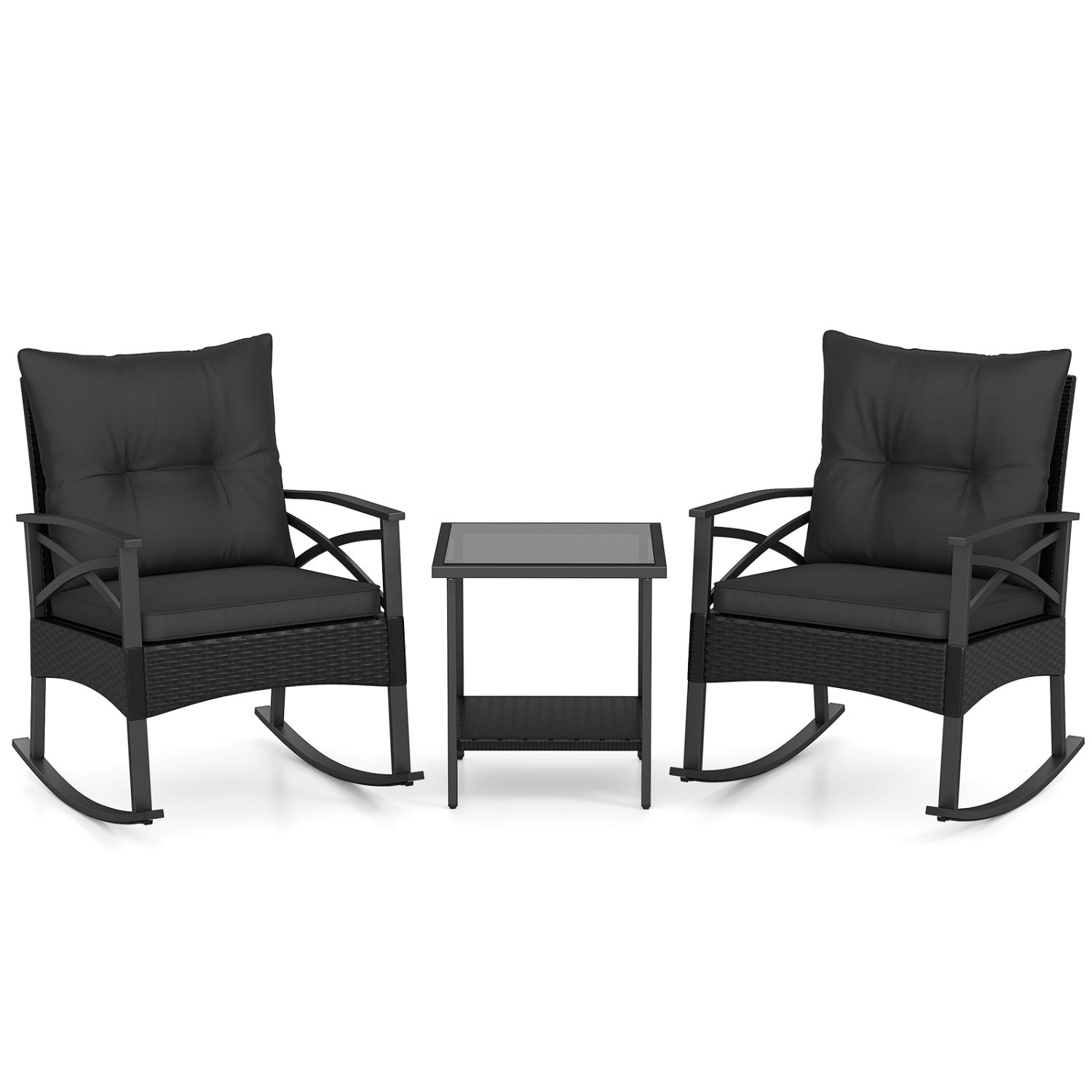3-Piece Rattan Rocking Chair Set With 2-Tier Side Table, Black Patio Conversation Sets at Gallery Canada