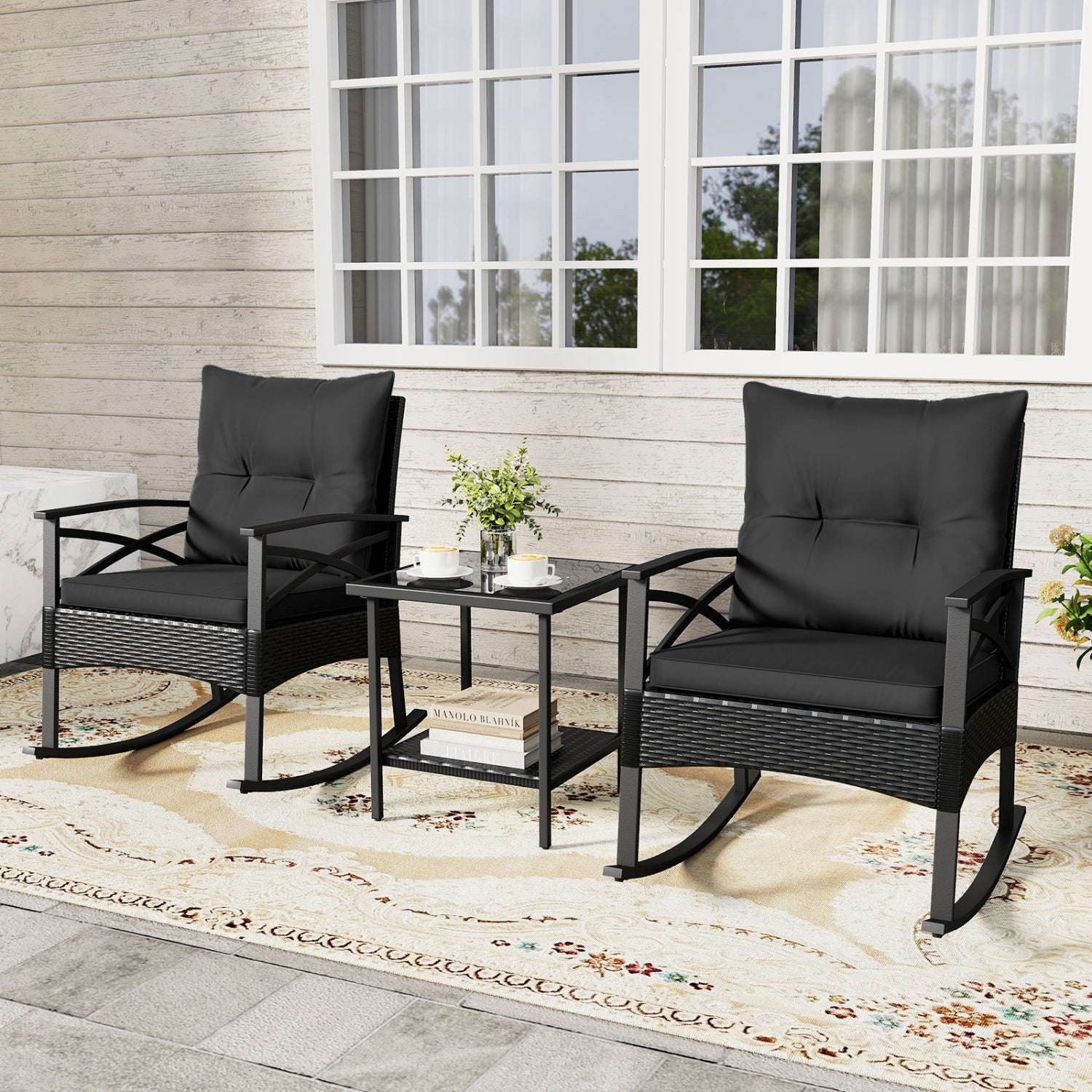 3-Piece Rattan Rocking Chair Set With 2-Tier Side Table, Black Patio Conversation Sets at Gallery Canada