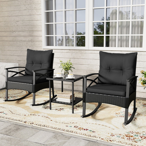 3-Piece Rattan Rocking Chair Set With 2-Tier Side Table, Black