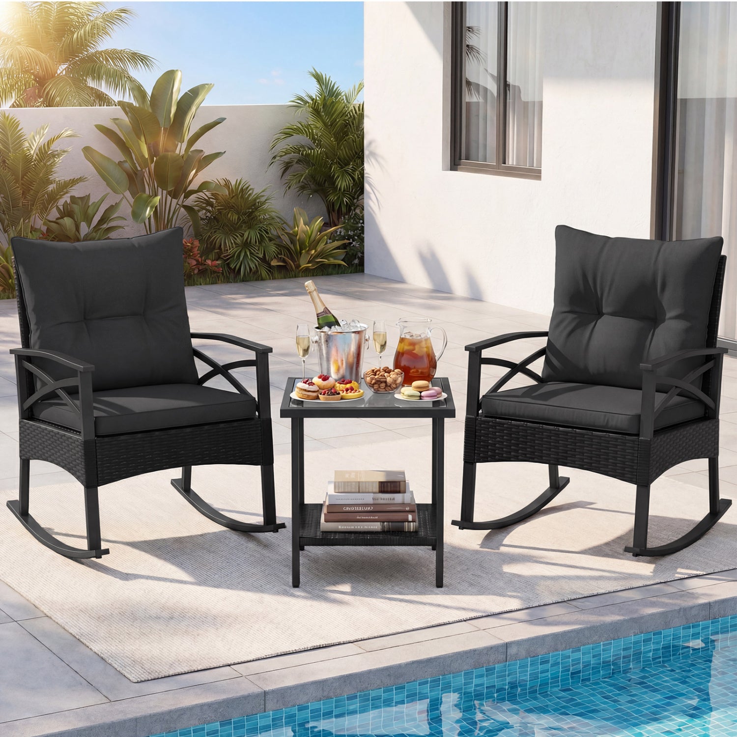 3-Piece Rattan Rocking Chair Set With 2-Tier Side Table, Black Patio Conversation Sets at Gallery Canada