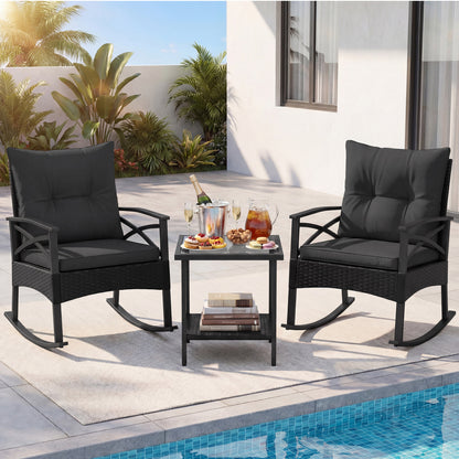 3-Piece Rattan Rocking Chair Set With 2-Tier Side Table, Black Patio Conversation Sets at Gallery Canada