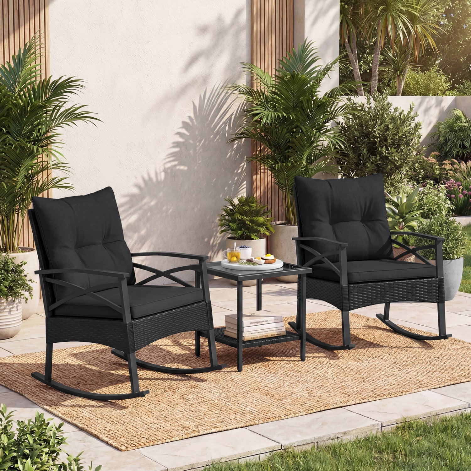 3-Piece Rattan Rocking Chair Set With 2-Tier Side Table, Black Patio Conversation Sets at Gallery Canada