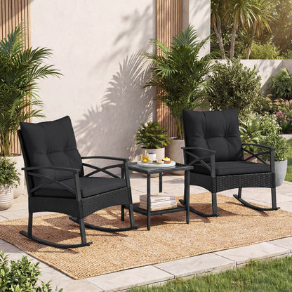 3-Piece Rattan Rocking Chair Set With 2-Tier Side Table, Black Patio Conversation Sets at Gallery Canada
