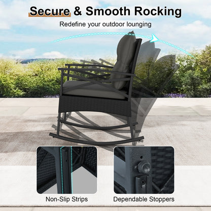 3-Piece Rattan Rocking Chair Set With 2-Tier Side Table, Black Patio Conversation Sets at Gallery Canada