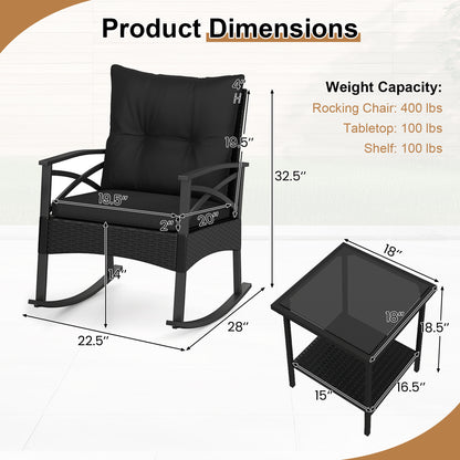 3-Piece Rattan Rocking Chair Set With 2-Tier Side Table, Black Patio Conversation Sets at Gallery Canada